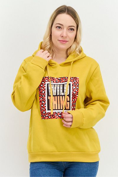 Buzz Women Hood With Drawstring Long Sleeve Graphic Print Sweatshirts, Mustard Yellow