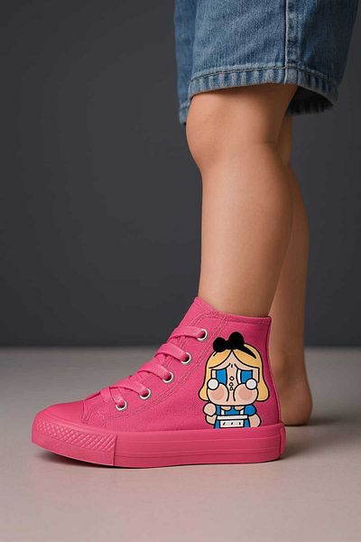 LİASSHOES Pink Linen Pink Sole Yellow Cry Printed Children's Sports Shoes Sneaker