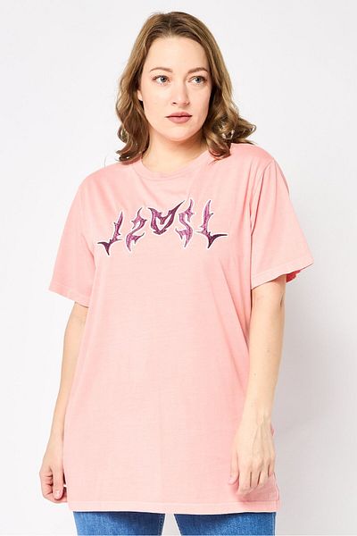 Diesel Women Crew Neck Short Sleeves Embroidered T-Shirt, Pink