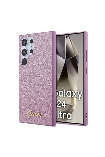 Guess Protective Case Compatible with Samsung Galaxy S24 Ultra, Glitter Script, TPU, Purple