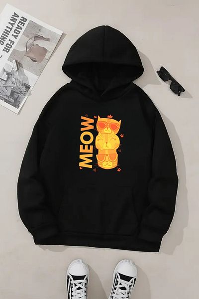 Sweetline Hanorac negru unisex cu glugă – Imprimat Meow Kitten, țesătură groasă