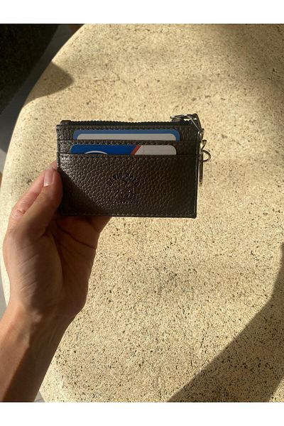 mlio Gray Leather Card Holder Wallet with Keychain Ring and Zipper