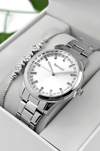 Ferrucci Stone Detailed Dial, Steel Band Steel Case Women's Wrist Watch, Silver Zmfer199