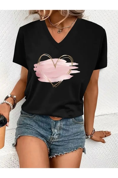 FUFLUNS TRICOU DE DAMĂ OVERSIZE, CU GULER ÎN V, CU IMPRIMEU INIMĂ ROZ