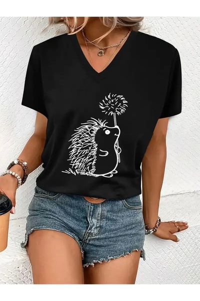 FUFLUNS Oversize V-Neck T-Shirt with Crow Printed for Women