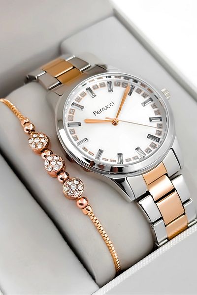 Ferrucci Steel Cord & Case Women Wrist Watch, Stone Detail Dial Silver-Rose Sdfer181