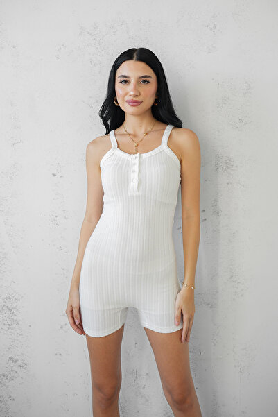 DeChival Short Jumpsuit with Straps and Button Closure / Textured Furry Fabric