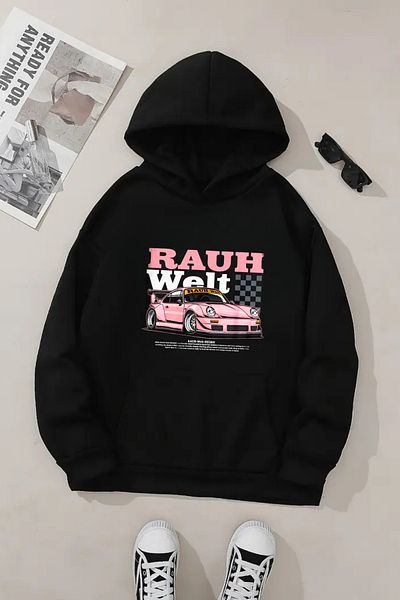 Sweetline Hanorac negru unisex cu glugă – țesătură groasă cu imprimeu roz Rauth Welt