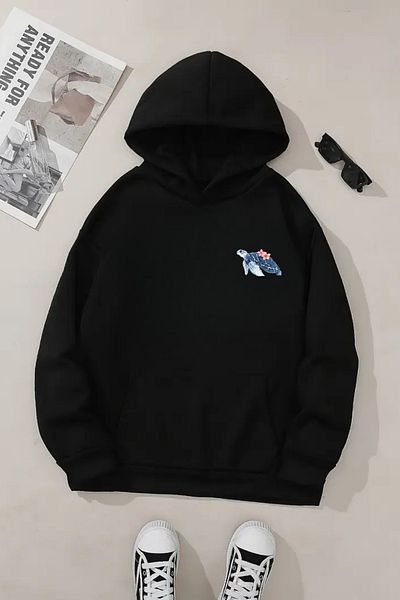 Sweetline Hanorac negru unisex cu glugă – țesătură groasă cu imprimeu de broască țestoasă minimă