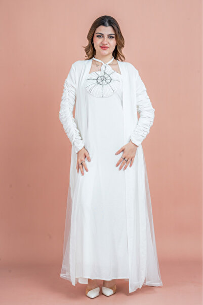 IKKXA جلابية فضية أنيقة بأكمام شفافة