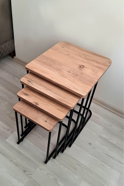 HOLLKA 4 LÜ DEMONTE METAL SİYAH AYAKLI CEVİZ RENGİ SEHPA MDF
