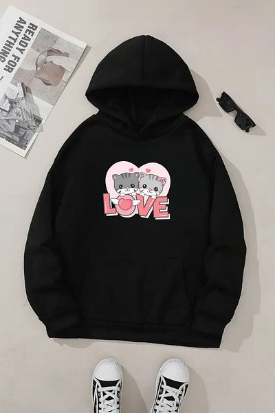 Sweetline Hanorac negru unisex cu glugă – țesătură groasă cu imprimeu Love Kitten