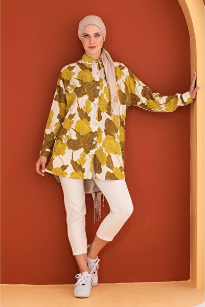 Polologin Butik Hardal Sarısı Yaprak Desenli Viskon Kumaş Araboy Spor Tesettür Tunik Gömlek