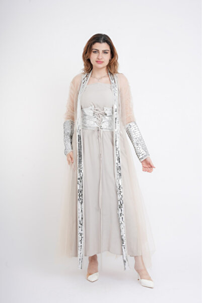 IKKXA Silver Glamour Sheer Sleeve Jalabiya