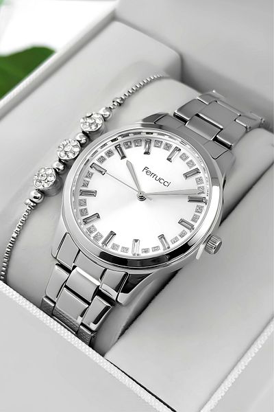Ferrucci Stone Detailed Dial, Steel Band Steel Case Women's Wrist Watch, Silver Zmfer199