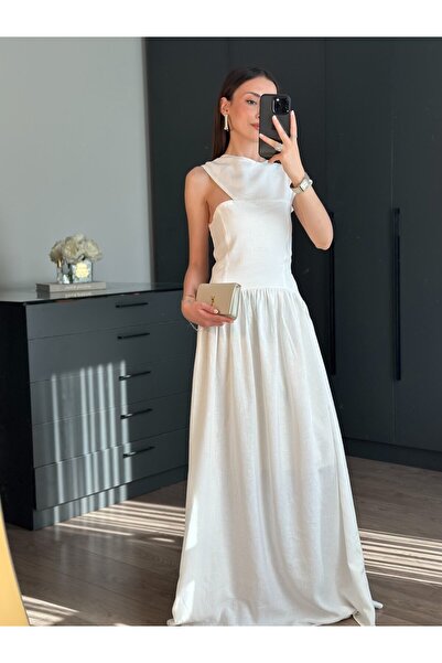 Tugen Co TASARIM YAKA BEL DETAYLI ROMANTİK BEYAZ ELBİSE