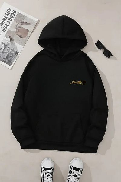 Sweetline Hanorac negru unisex cu glugă – ediție limitată imprimată, țesătură groasă