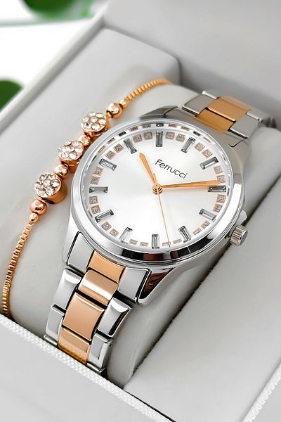 Ferrucci Stone Detailed Dial, Steel Band Steel Case Women's Wrist Watch, Silver-Rose Zmfer199