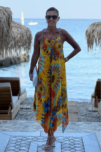 Nevin Kaya Moda Rochie Samos Rochie de vară cu bretele, cu model etnic galben