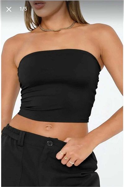 Gülmude Black Women's Sleeveless Strapless Top Full Lycra Diver Crop Asymmetrical Cut