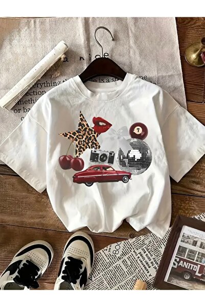 FUFLUNS تي شيرت كبير الحجم مطبوع عليه كرة ديسكو سيارة عتيقة