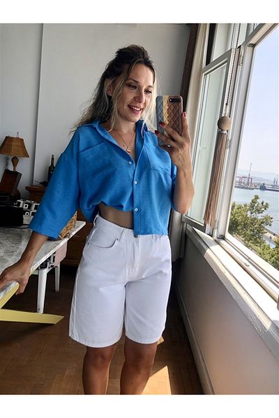 Gözde Tasarım Butik Women's White Color Without Lycra City Size Long Denim Shorts
