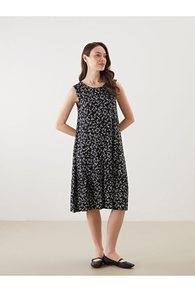 LC Waikiki Lcw Grace Black Oval Neckline Floral A-Line Dress with Nevavm Diff...