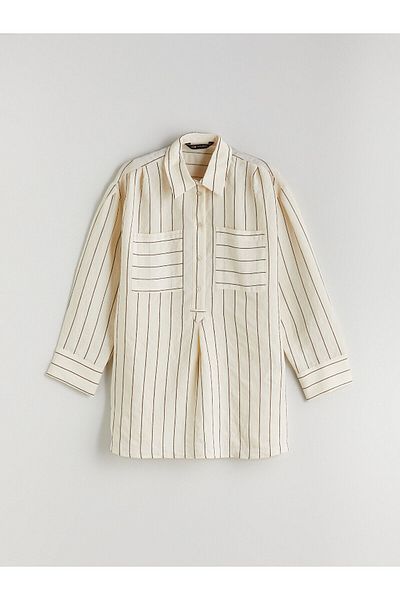 LC Waikiki Brown Shirt Collar Striped Modal Blend Women's Tunic