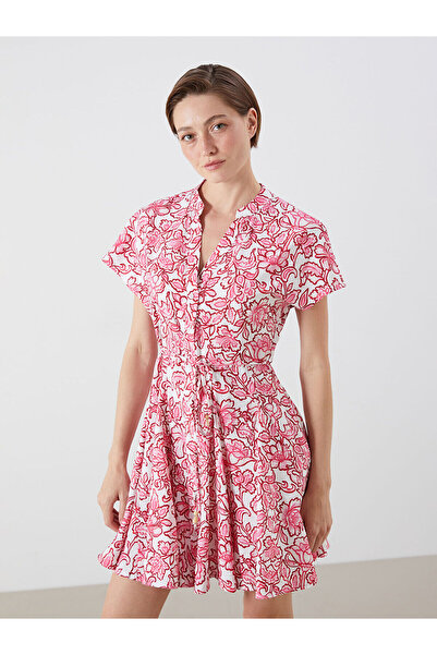 LC Waikiki Lcw Vision Pink Collar Flowered Pleated Dress with Nevavm Differen...