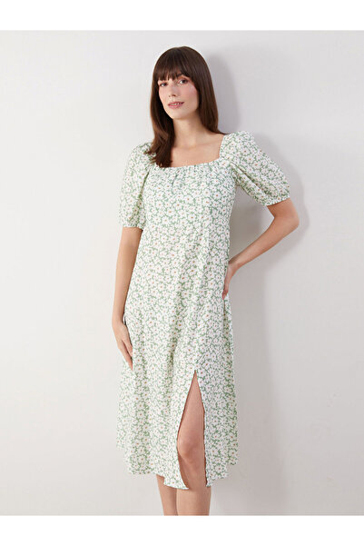 LC Waikiki Φόρεμα με λουλουδάτο μανίκι με πράσινο τετράγωνο λαιμόκοψη RMZ FAR...