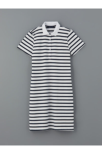 LC Waikiki LCWAIKIKI Класична темно-синя сукня з полом і смужками, А-силует, T-подібний виріз