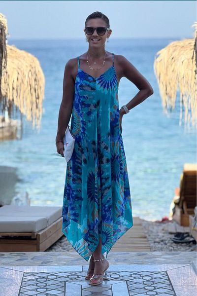 Nevin Kaya Moda Samos Dress Blue Ethnic Pattern Shoulder Tie-Up Summer Suspender Dress