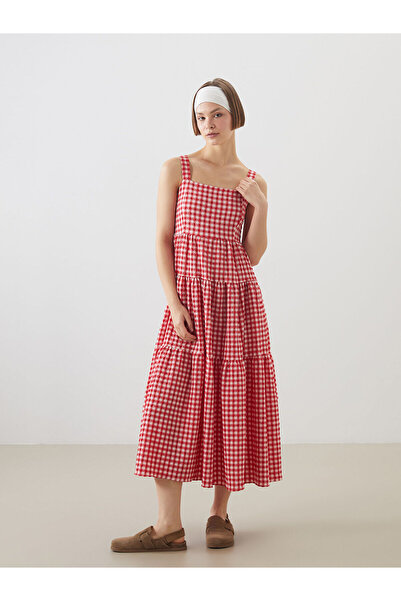 LC Waikiki Rochie Seersucker cu bretele în carouri cu guler pătrat