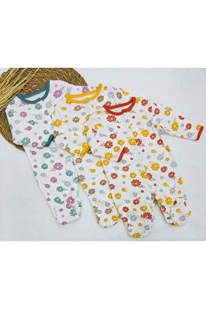 MUNİS BABY Kız Bebek Çiçek Desenli 3'lü Pamuklu Tulum Set