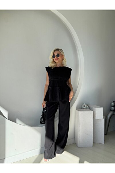 FEHUBLOOM Black Ribbed Blouse Pants Set