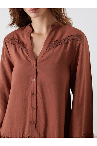 LC Waikiki LCW Vision Kahverengi Kaçık Yaka Nakışlı A Kesim Mini Elbise