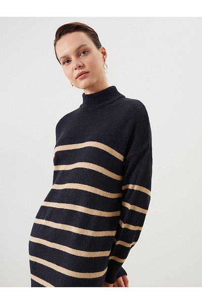 LC Waikiki Stand Collar Striped Knitwear Dress