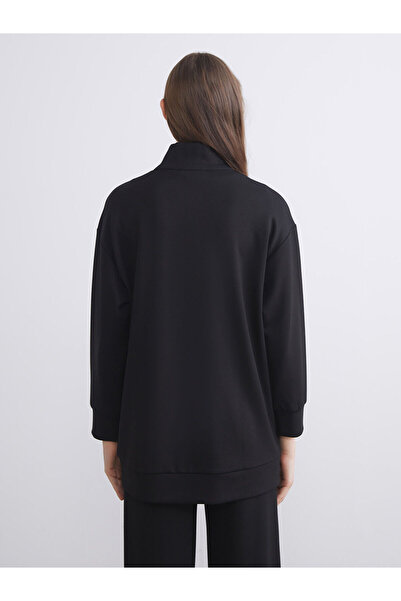 LC Waikiki Μαύρο γυναικείο φούτερ με όρθιο γιακά, oversize, τουνίκ