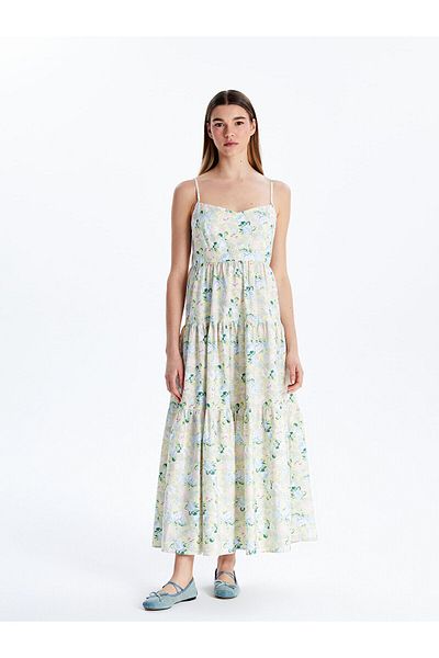 LC Waikiki Heart Neck Floral Strap Poplin Women's Dress