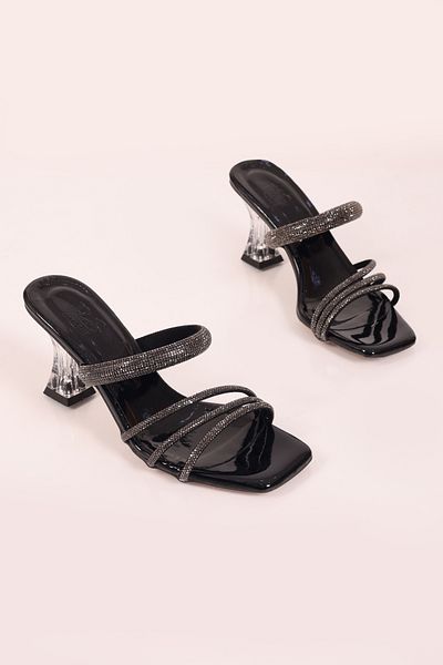 SHOESSHOPS Transparent Heeled Stone Banded Women's Heeled Slippers
