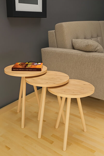 PEKA Zigon Sehpa Doğal Ahşap Ayaklı 3’lü Set Yuvarlak