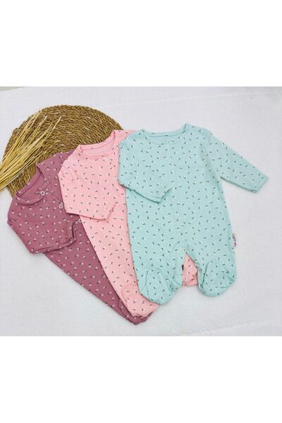 MUNİS BABY Kız Bebek Çiçek Desenli 3'lü Pamuklu Tulum Set