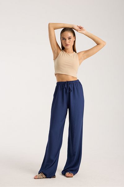 Ahsenbutik Linen Blend Loose Cut Trousers Navy Blue