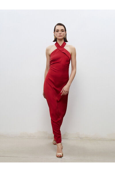 LC Waikiki Rochie de seară din satin, cu guler halter, de culoare burgundy