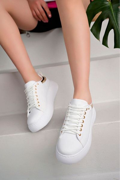 YASEMİN Pantofi de damă, alb, cu detalii aurii, pantofi sport casual și talpă ortopedică