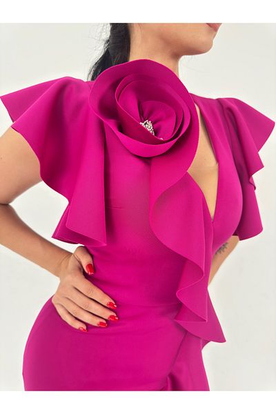 1Moda1Tarz Women's Imported Fabric Chain Rose Detailed Ruffle Pattern Slit Lined Special Design Dress