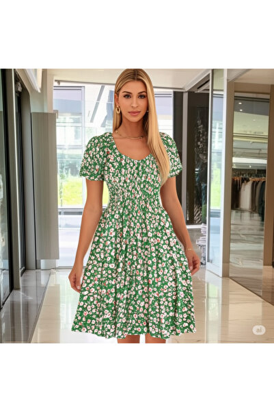 ÇELEBİ STYLE Kare Yaka Karpuz Kol Gipeli Çiçek Desenli Yazlık Elbise