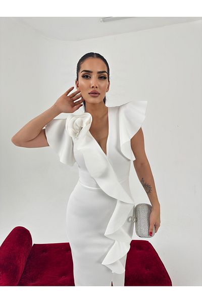 1Moda1Tarz Women's Imported Fabric Chain Rose Detailed Ruffle Pattern Slit Lined Special Design Dress