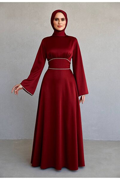 BestShopping Tied Waist Stoneed Hijab Evening Dress Burgundy
