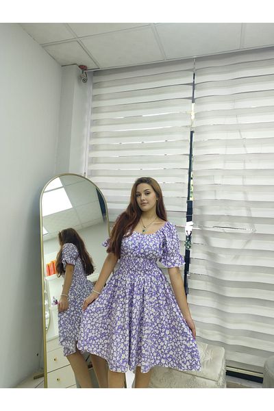 ÇELEBİ STYLE Square Neck Watermelon Sleeve Gipeli Floral Patterned Summer Dress